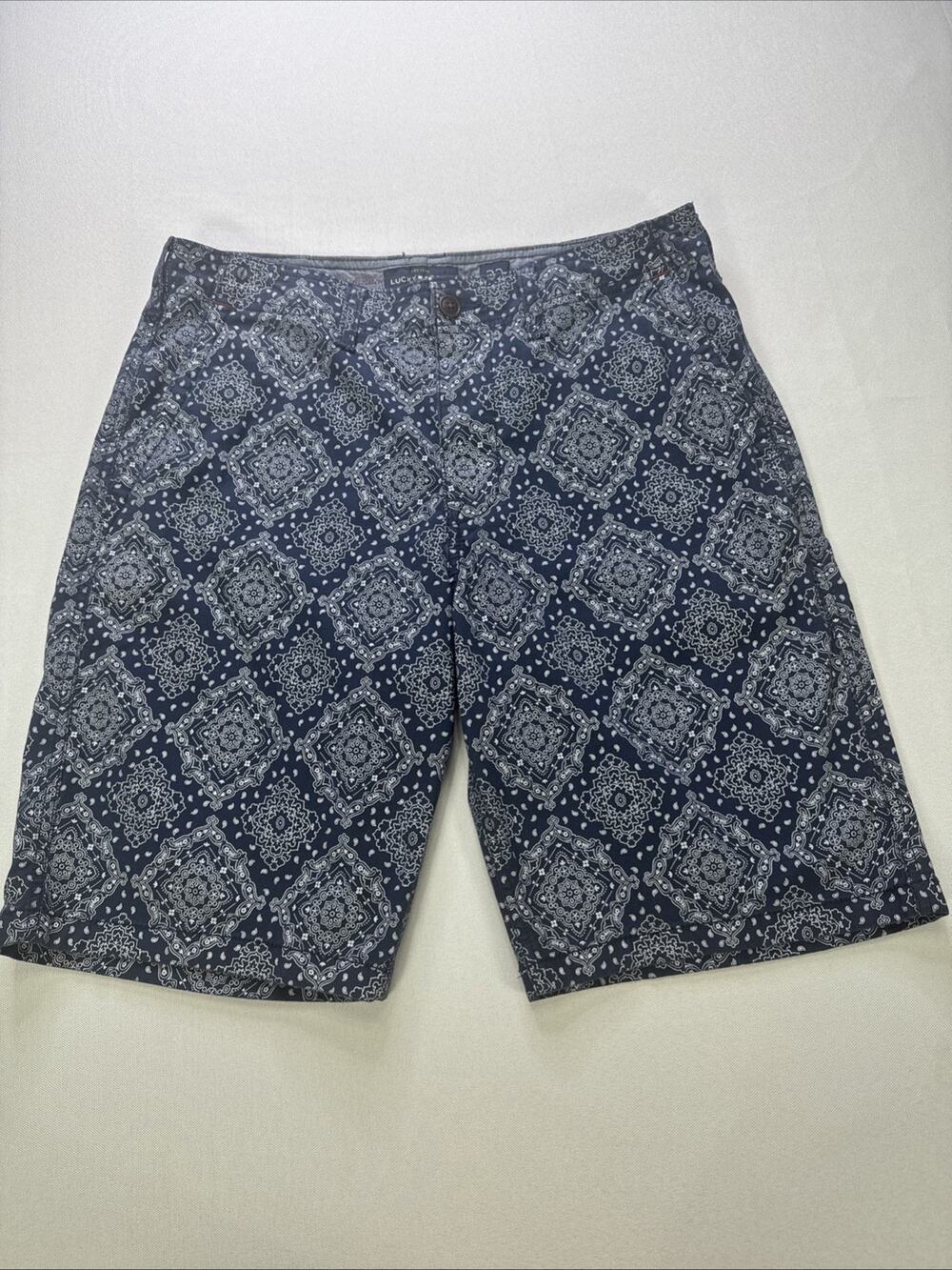 Lucky Brand Mens 32 Navy Bandana Medallion Print Chino Bermuda Shorts Flat Front